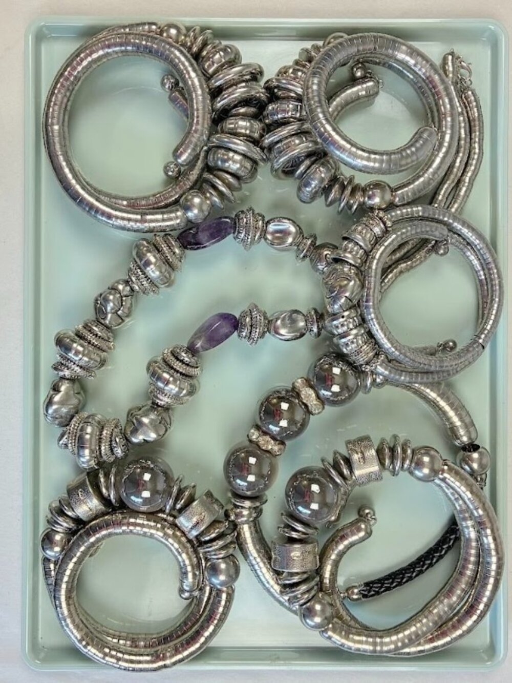 Necklace Lot CHUNKY  Flexible Snake Coil Silver Tone Wearable Craft 7 Pcs.